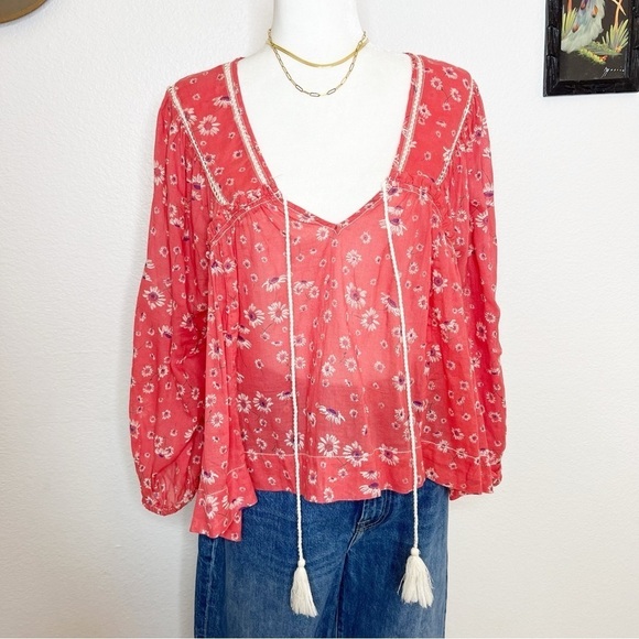 Free People Never A Dull Moment Blouse Red Floral S - Picture 2 of 9